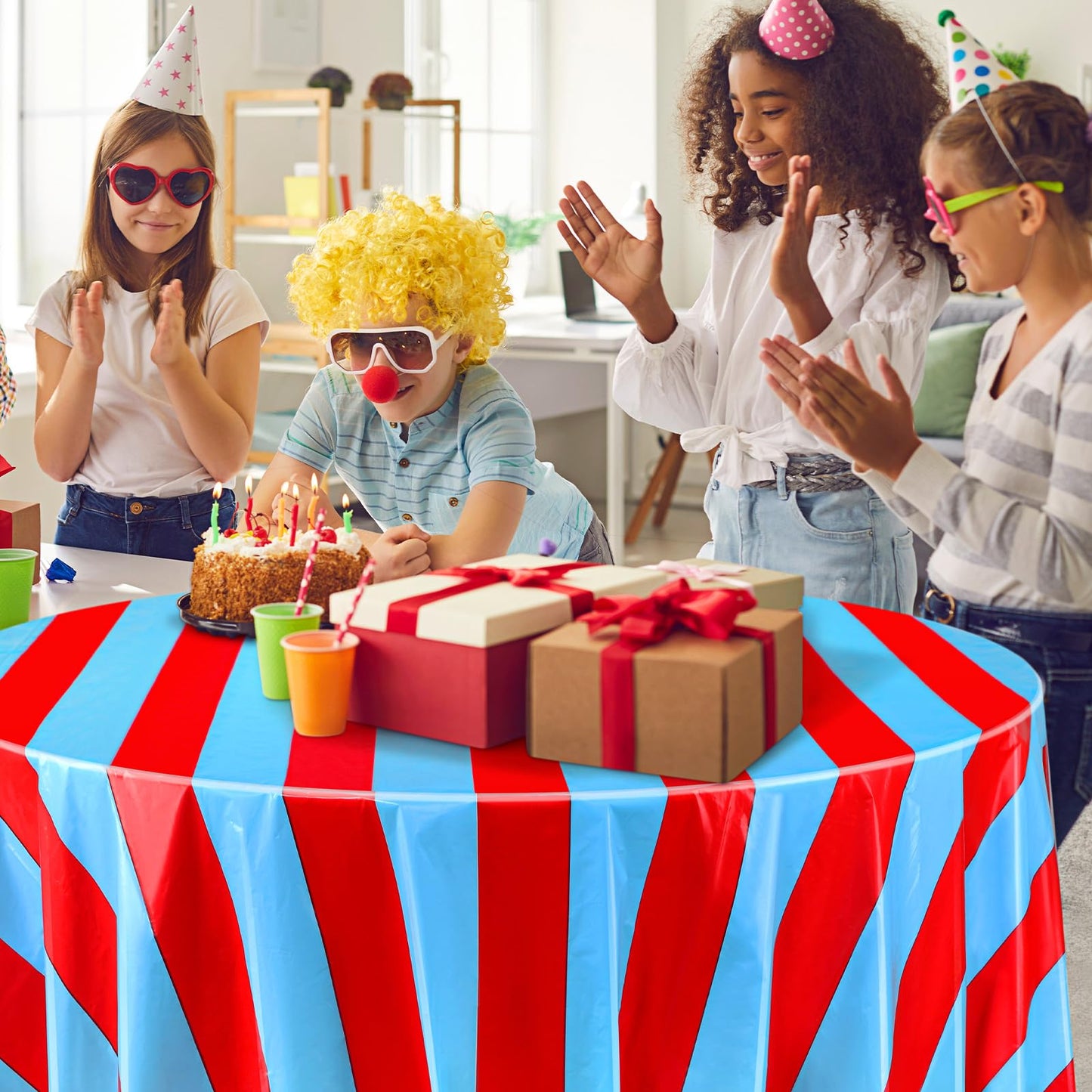 Tatuo 3 Pcs Red and Blue Round Circus Table Cloth 84 Inch Carnival Circus Tablecloths Striped Disposable Plastic Table Cover for