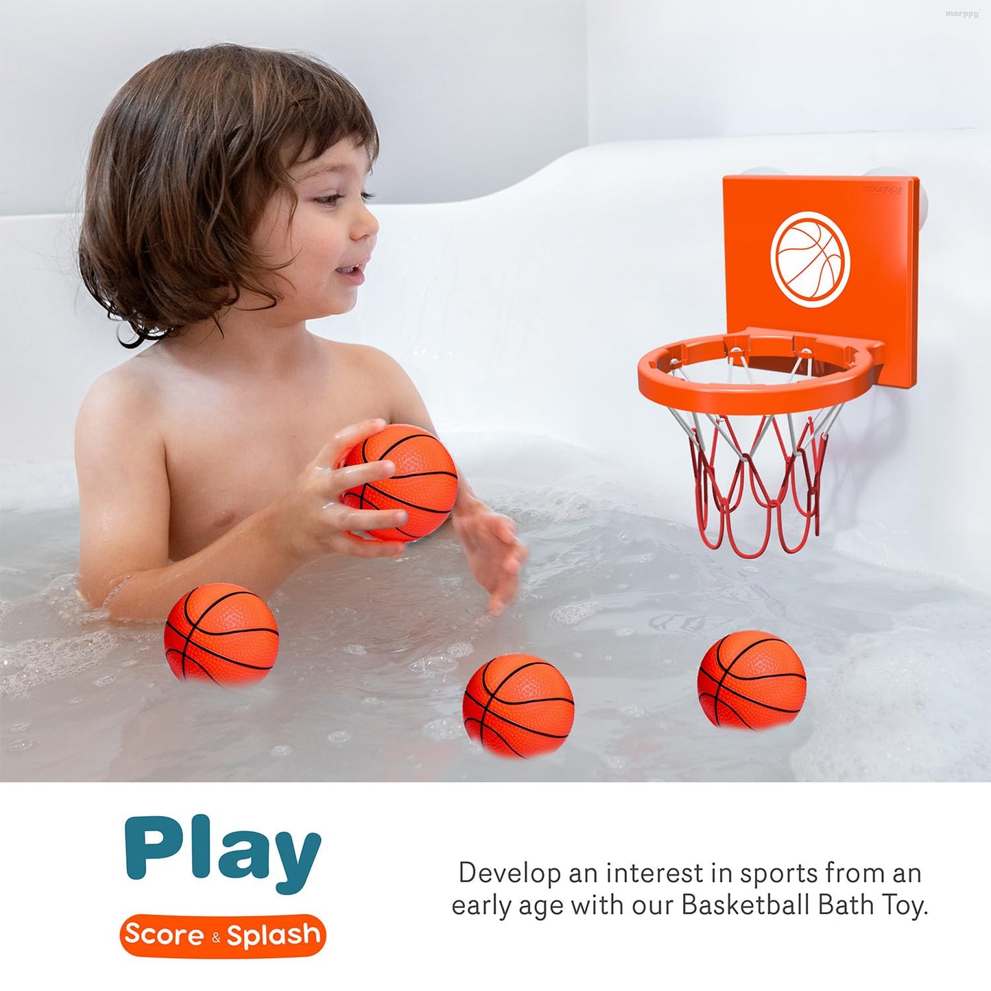 Marppy Bath Toys - Bathtub Basketball Hoop For Kids, Toddlers - Suction Cup Basketball Hoop And 4 Soft And No Hole Balls - Baby & Toddler Basketball Hoop - Boys & Girls - Mini Basketball Hoop