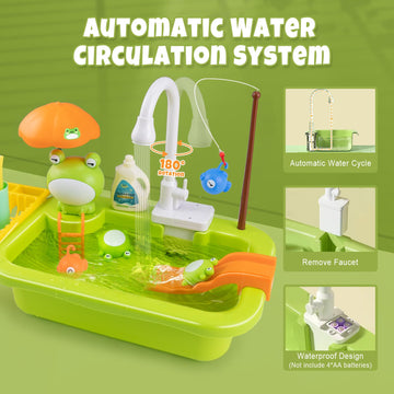 Play Sink with Running Water,Kids Sink Toy with Automatic Water Cycle System,Sink Fishing Game Toy with Food Kitchen Accessories