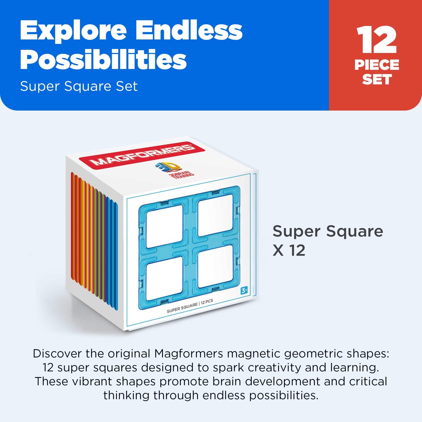 Magformers Super Square 12 Pieces Rainbow Colors, Educational Magnetic Geometric Shapes Tiles Building Stem Toy Set Ages 3+