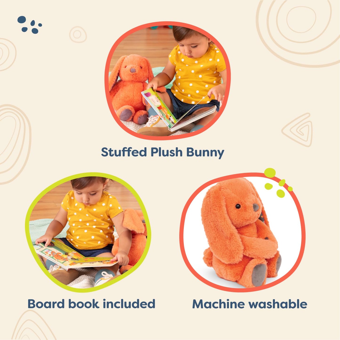 B. toys Plush Bunny Playset with Board Book - 12" Soft Fabric Baby Toy - Coral Cutie