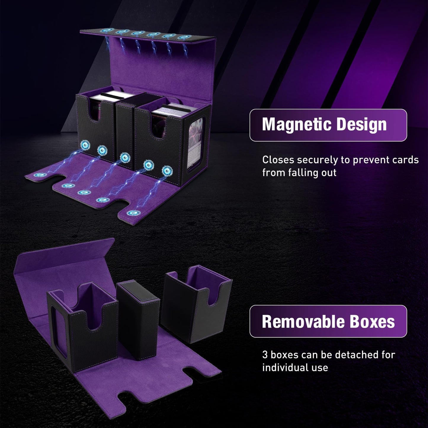 TiMOVO MTG Deck Box Commander Deck Case Fits 200+ Double-Sleeved Cards Magnetic Leather Card Storage Box with 2 Commander Display & 4Dividers & Dice Tray Fit YuGiOh TCG CCG Magic Cards Black+Purple