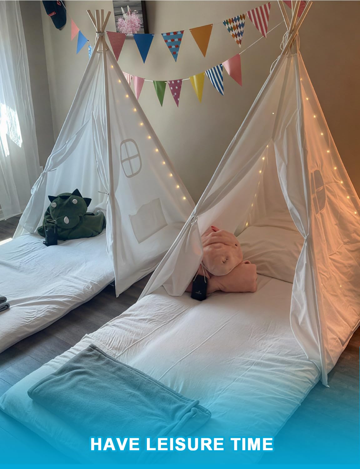Wilwolfer Teepee Tent for Kids - 4 Pack Portable Playhouse with Star Lights & Color Flags, White Polyester - Toddler Reading Nook Gift