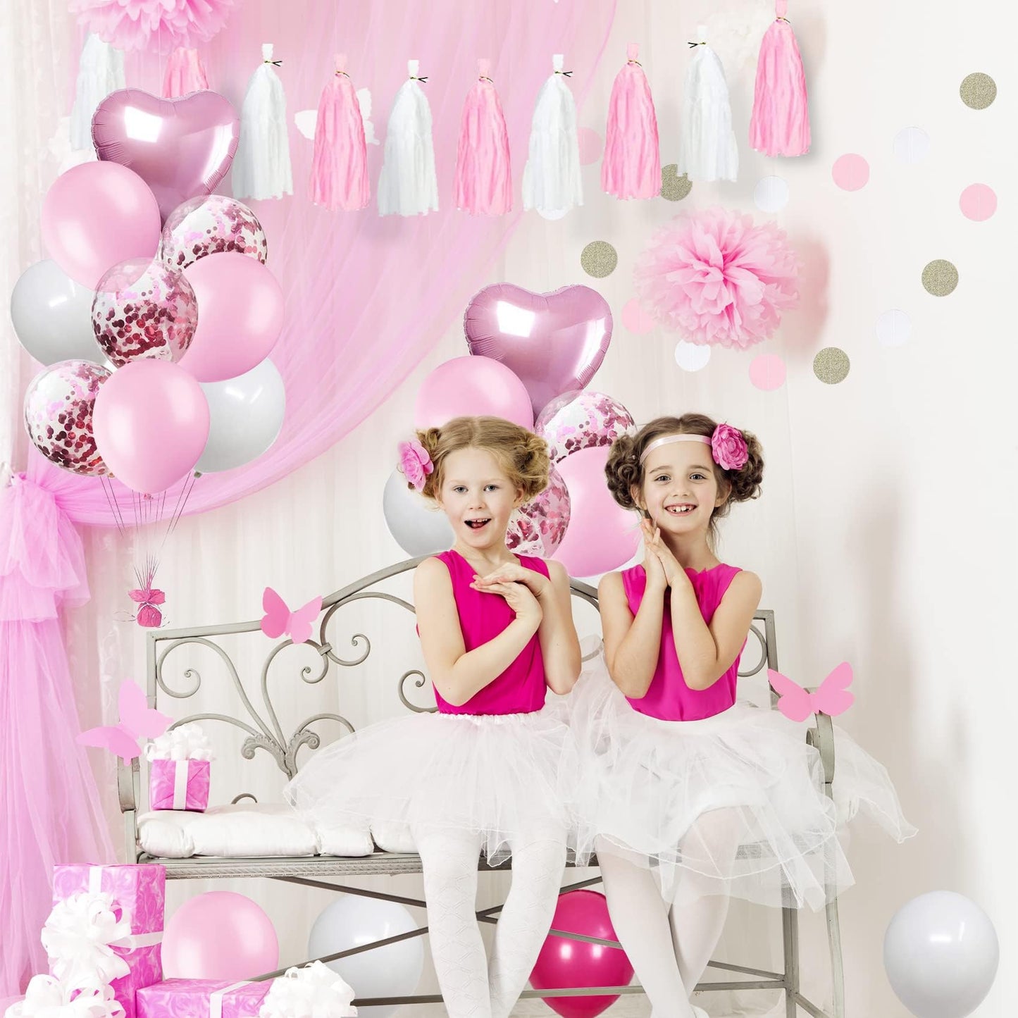 NANINUNENO Sweet 7th Birthday Decorations, Pink & White Balloons, Latex, Model PW-29, Includes Banner & Number 7 Foil Balloons