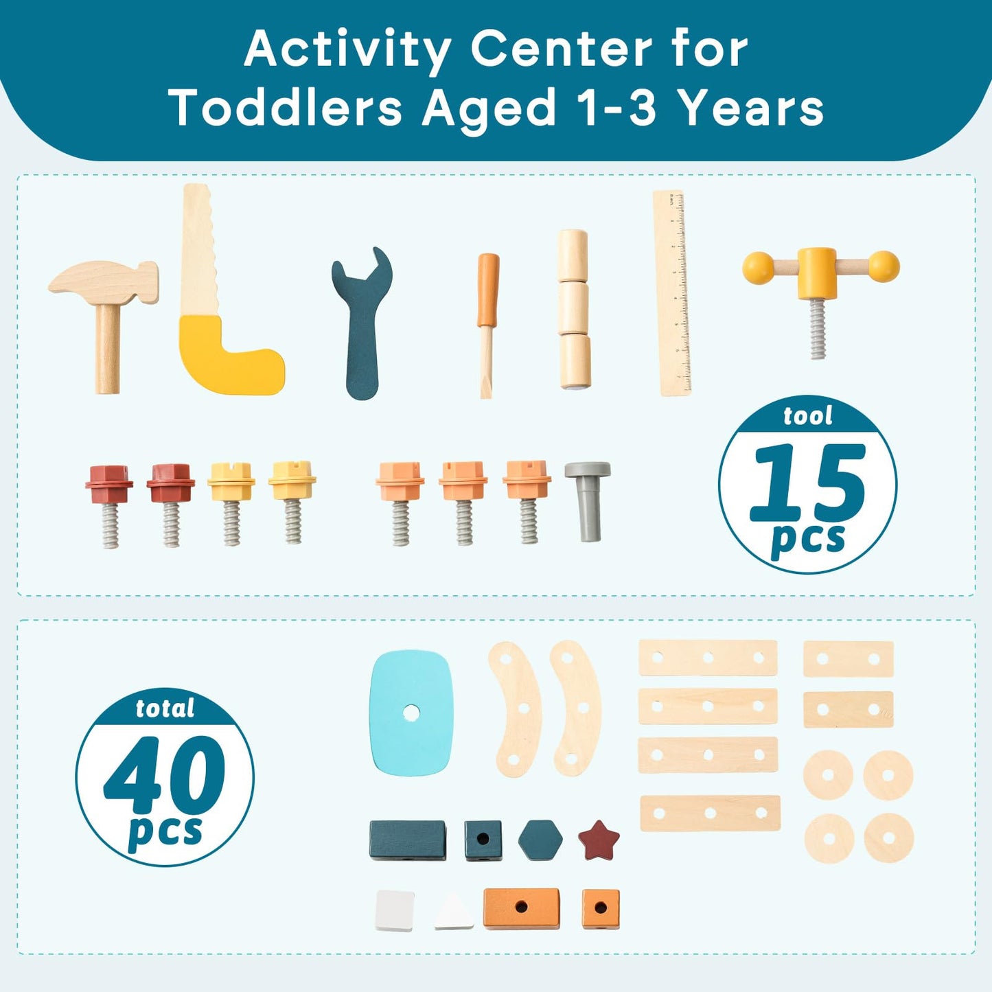 OESSUF 2-in-1 Wooden Baby Walker with 40 PCS Tool Toys - Baby Push Walker for 6-12 Months, Activity Center for Toddlers Aged 1-3