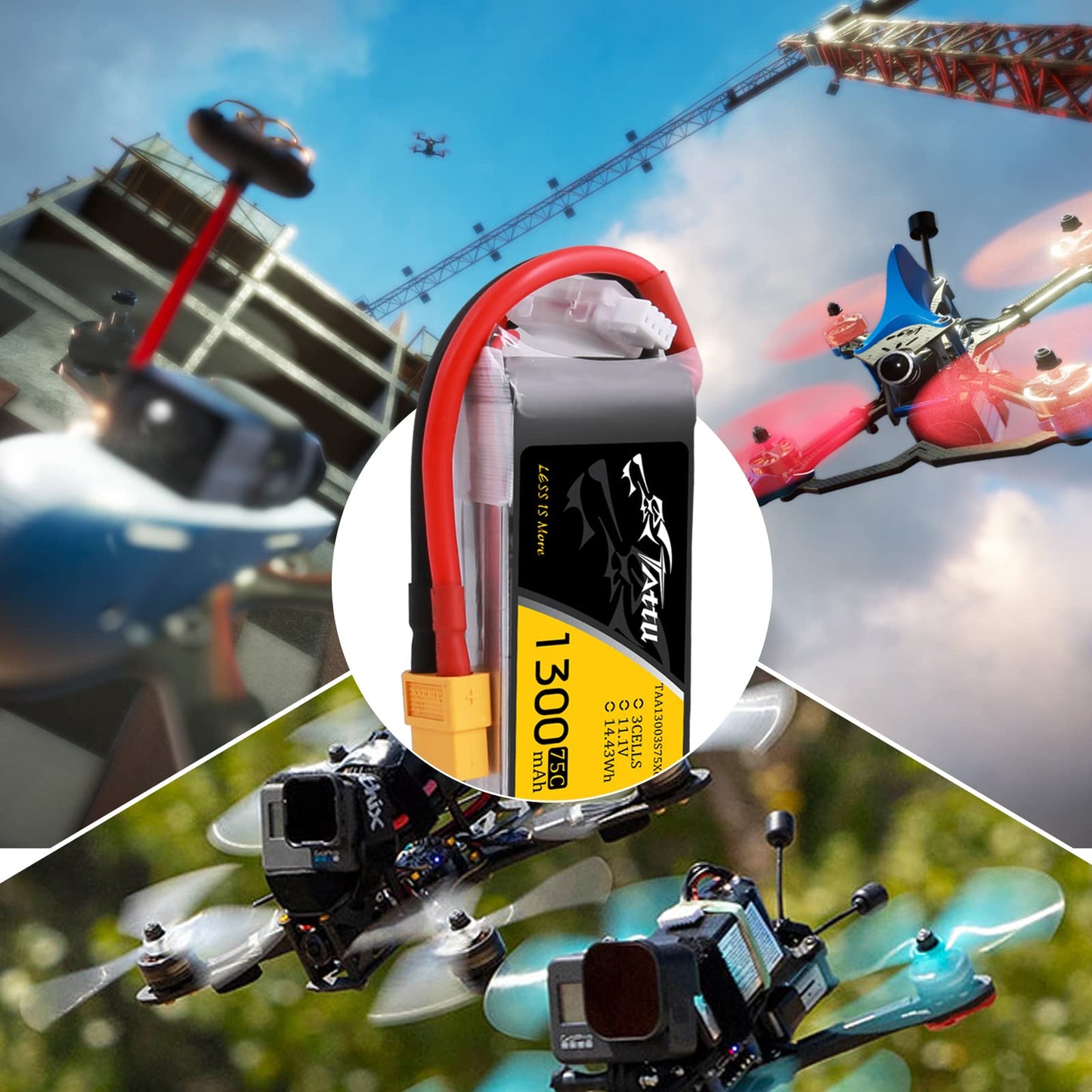 Tattu 11.1V 1300mAh 75C 3S LiPo Battery Pack with XT60 Plug for RC Boat Heli Airplane UAV Drone FPV Nemesis 240 Mini Skylark M4-