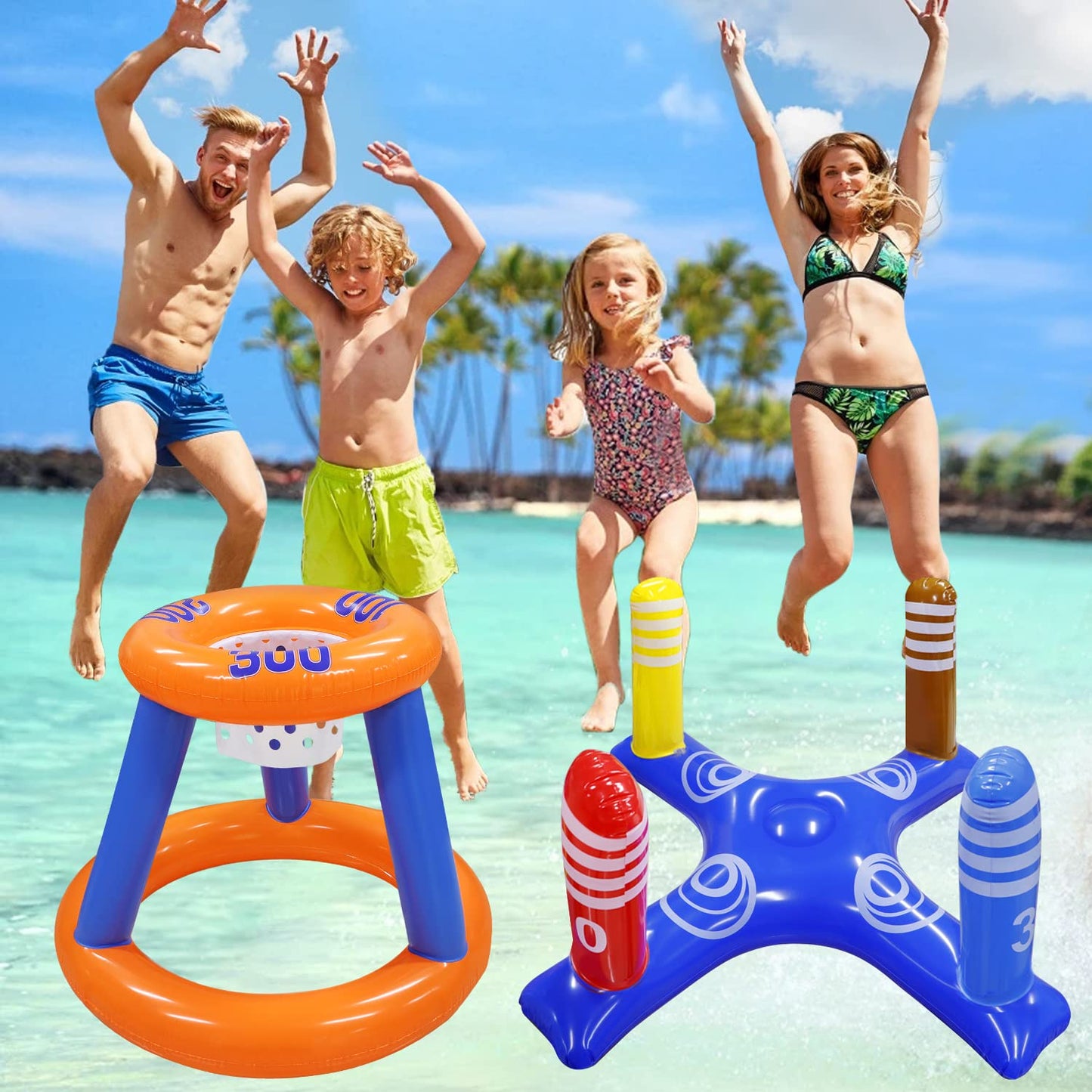 Gemle Pool Toys Games Set Of Pool Basketball Hoop Inflatable Cross Ring Toss Game And Inflatable Cactus Ring Toss Kids Pool Toys