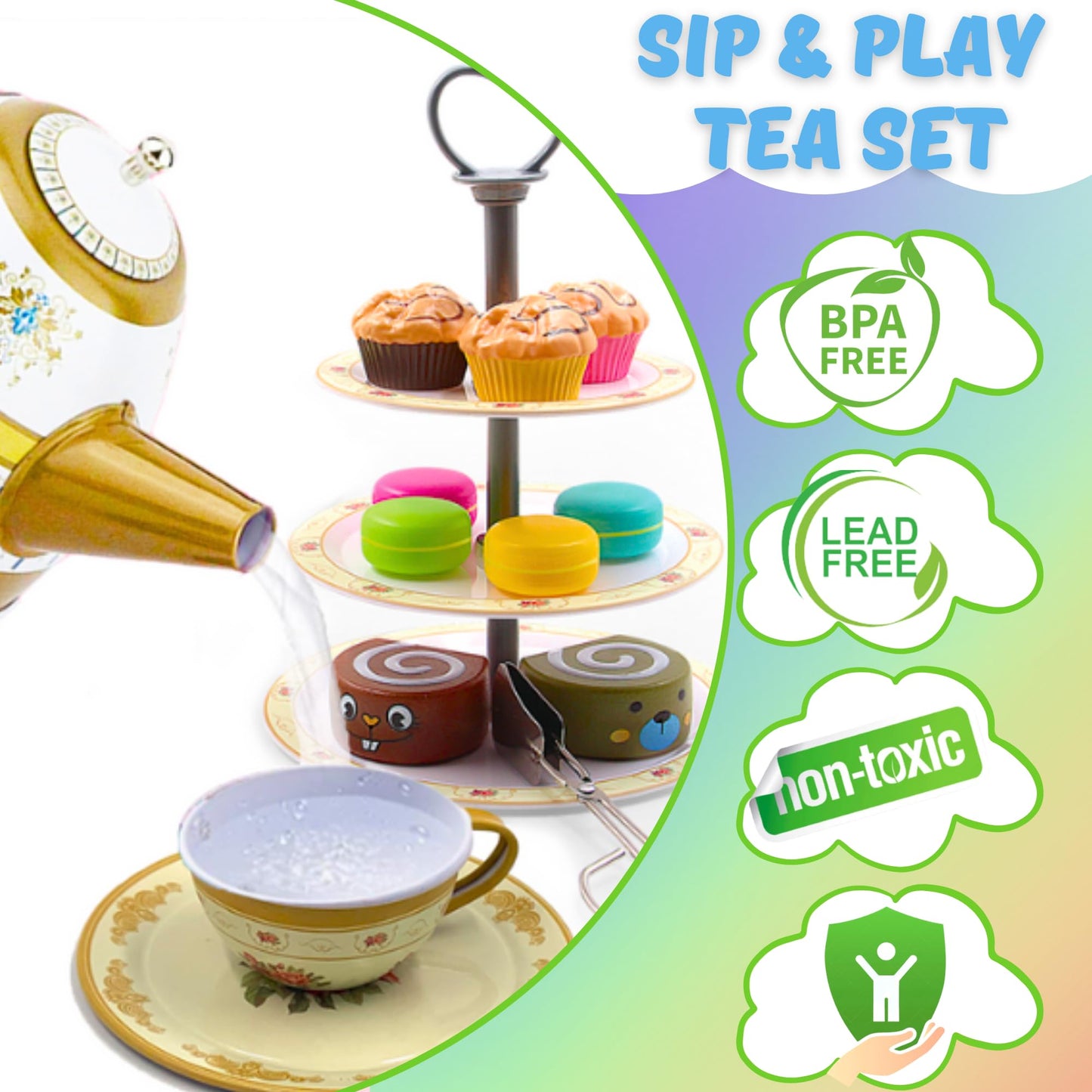 Tea Party Set for Little Girls Pretend Play for Toddlers Princess Tea Time, 39 Pcs Kids Tin Tea Set Cups, Teapot, Plastic Cakes