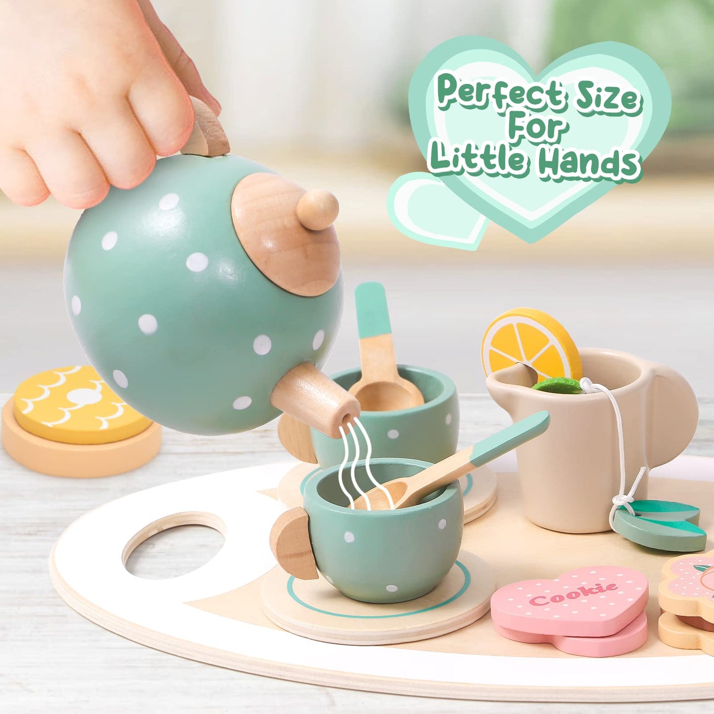 Atoylink Wooden Tea Party Set for Little Girls 28 Pcs Toddler Tea Set with Cupcake Stand & Food Pretend Play Accessories Kids Ki