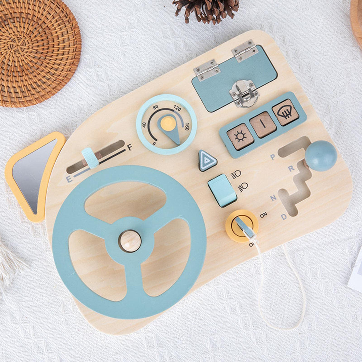 Merishopp Wood Montessori Busy Board Toddlers Fine Motor Travel Toys Locks Wheel Music| Baby Learning Toy | Infant Activity Toy