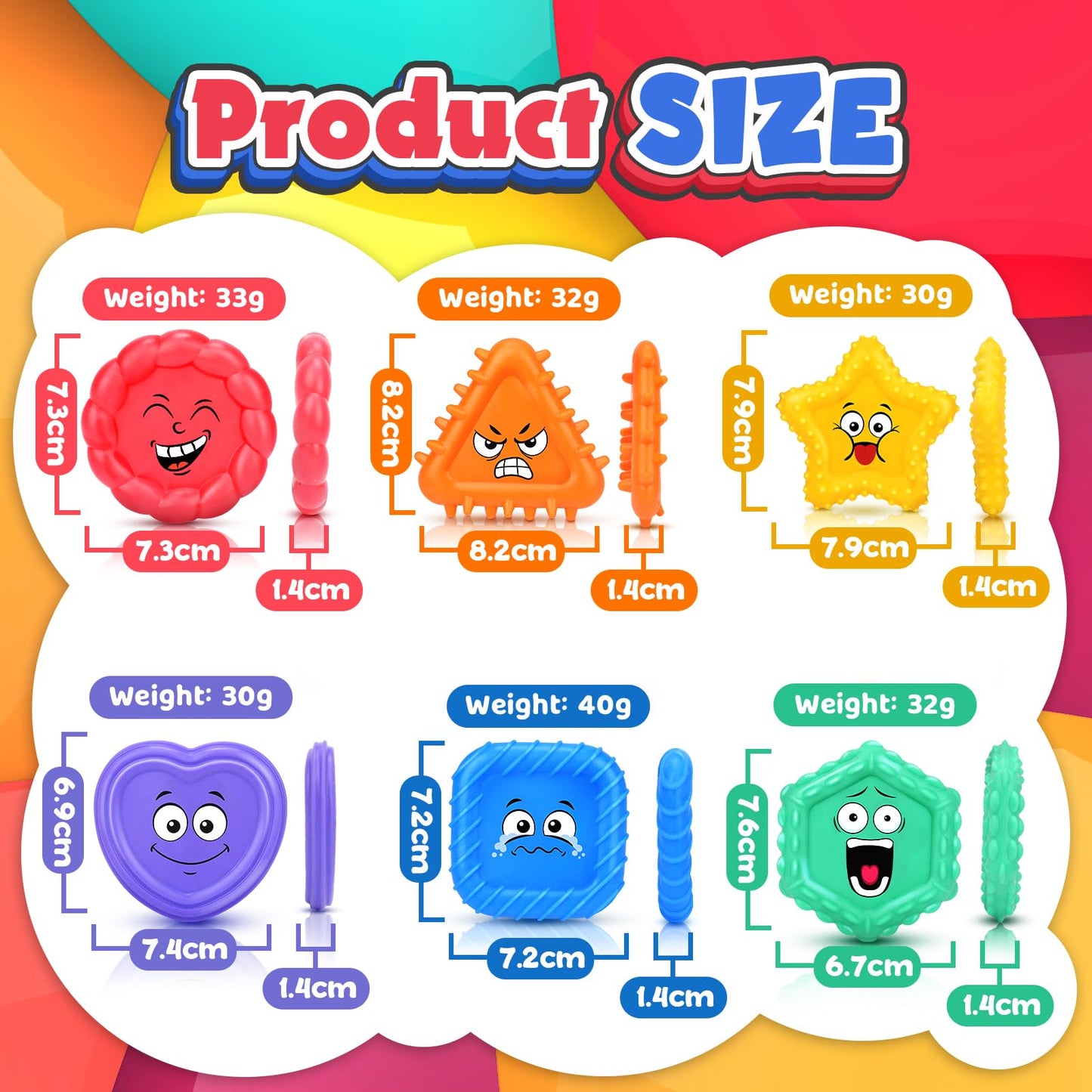 LESONG Sensory Toy for Kids - Medium Rubber Texture Shapes, 6 Colors - Ideal for Special Needs & Classroom Fidgeting