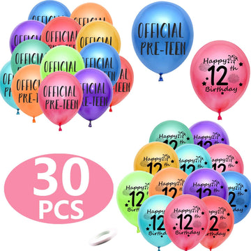 12Th Birthday Balloons, Pack Of 30 Assorted Color Official Pre-Teen Happy 12Th Birthday Latex Balloon Ribbons For Girls Boys Hap