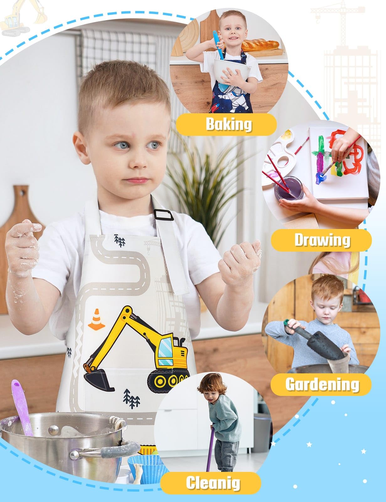 Wernnsai 2 Pack Kids Aprons - Truck Kids Art Aprons For Boys Waterproof Toddler Chef Aprons Cooking Baking Painting Gardening Apron For Kids With Pocket Kitchen Classroom Art Smocks Age 6-10 Years