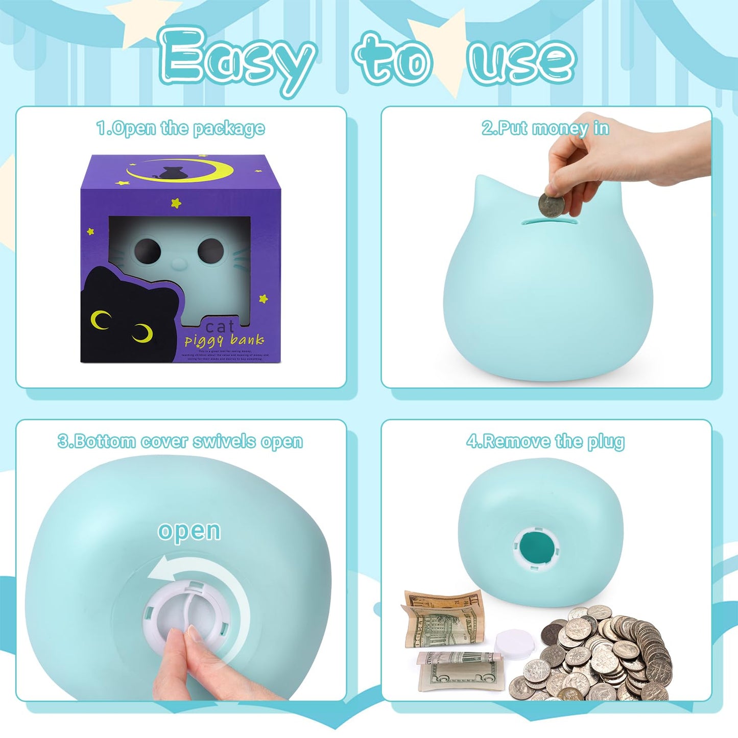 Jizwpoom Piggy Bank, Cat Piggy Bank Cat Money Saving Box Gifts For Kids, Coin Piggy Bank Cat Coin Bank Box Unbreakable Piggy Bank Toy Great Gifts For Boys Girls Adults (Blue)