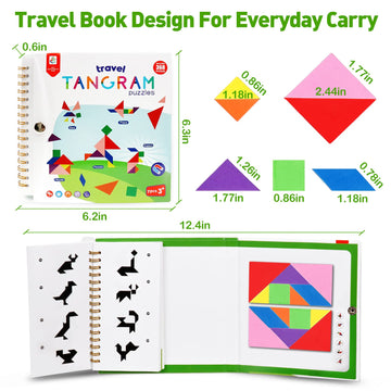 USATDD Travel Tangram Puzzle With 2 Set Magnetic Pattern Blocks Road Trip Games Educational Jigsaw Challenge Books For Kid mature-themed Brain Teasers With 368 Solution Montessori Travel Toys For Kids In Car