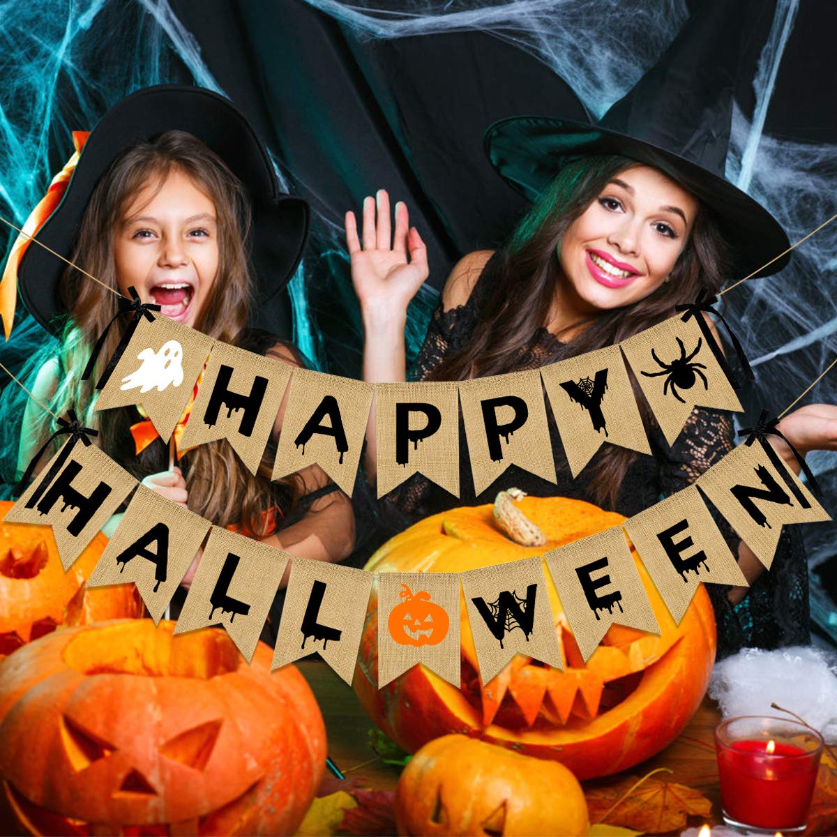 Happy Halloween Burlap Banner Happy Halloween Decorations, Halloween Party Banner Burlap For Halloween Haunted Houses Home Indoor Mantle Decor Pumpkin Witch Halloween Party Decorations