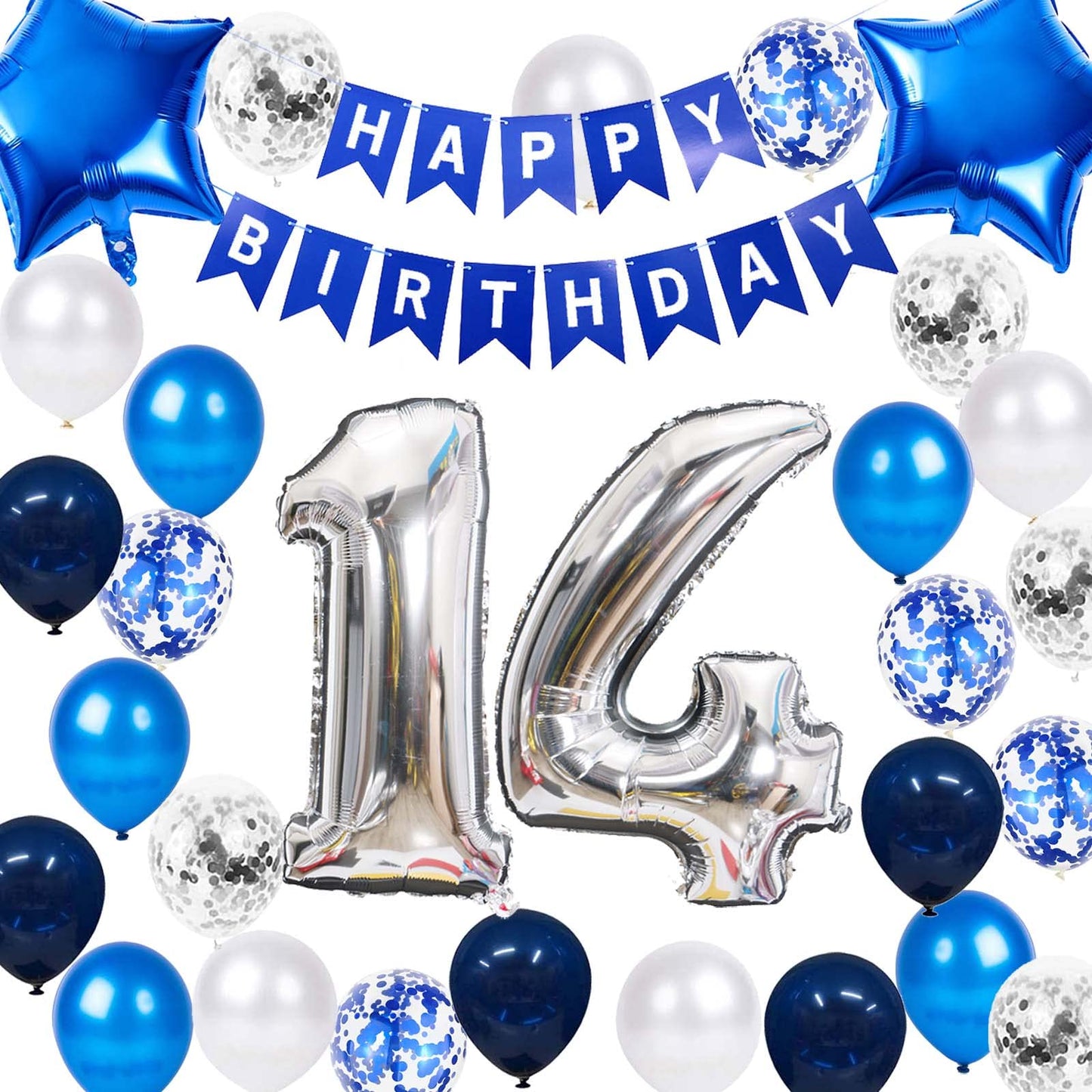 14Th Birthday Party Decoration For Boys, Number 14 Birthday Balloons Happy Birthday Banner Blue 14Th Birthday Latex Confetti Bal