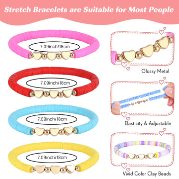 Zhlishqinjj 96 Pcs Colorful Friendship Heart Bracelets, Cute Clay Beads Bracelet Bulk Colorful Heart Friendship Surfer Bracelets