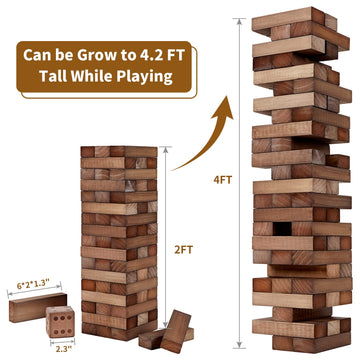 ApudArmis Giant Tumble Tower - 54 PCS Wooden Stacking Game, 4.2FT, Brown, Outdoor Fun for Teens and Adults