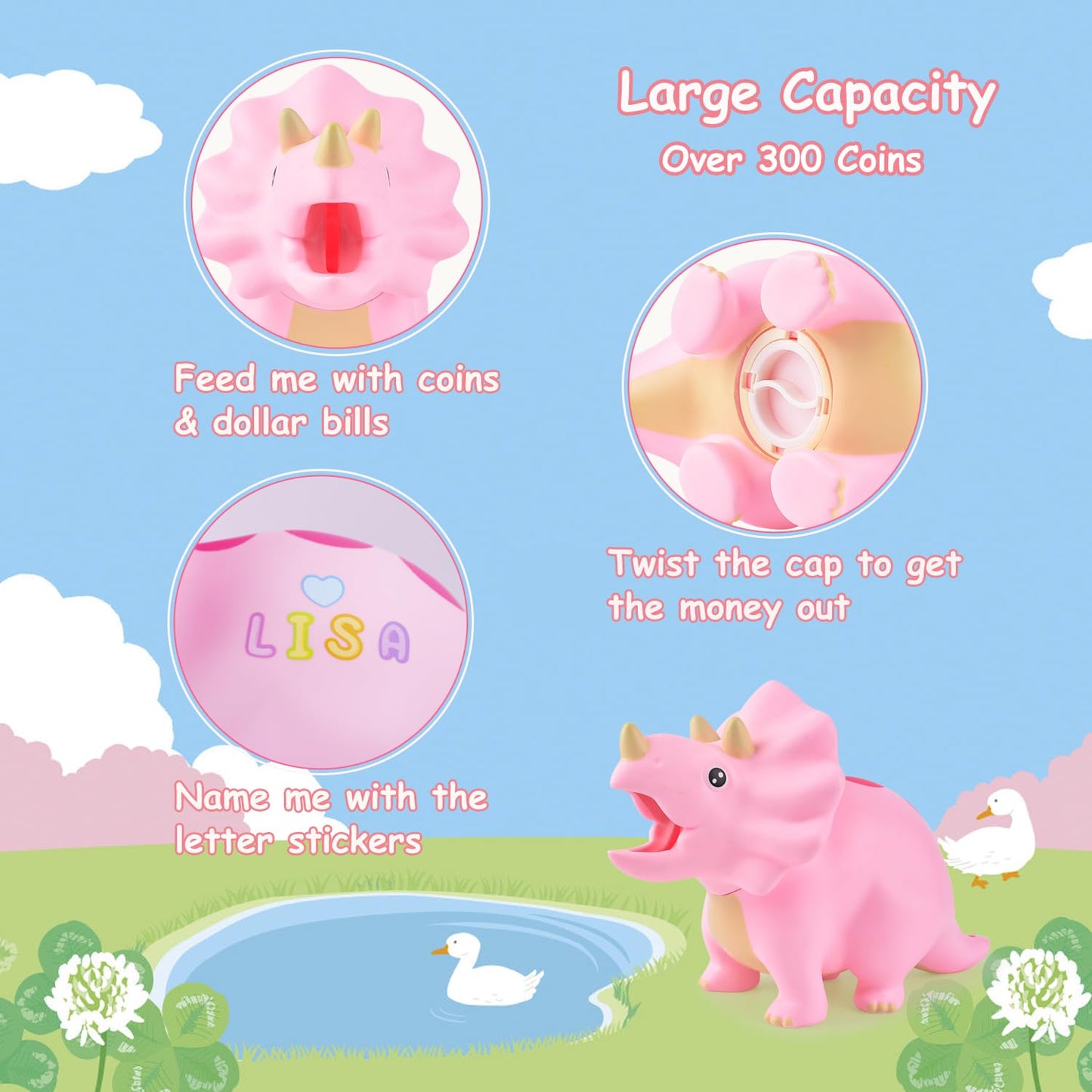 Pjdrllc Dinosaur Toys For Kids - Dinosaur Piggy Bank For Girls, Unbreakable Plastic Money Coin Bank, Great Gifts For Birthday, Easter, Christmas (Pink)