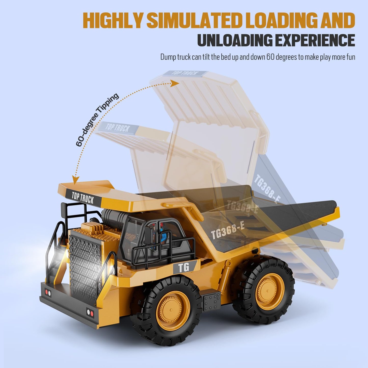 Kidmarkt Rc Dump Truck Toy, 9-Channel Remote Control Toy With Metal Bed & Light, Rechargeable Battery, Kids Construction Vehicle
