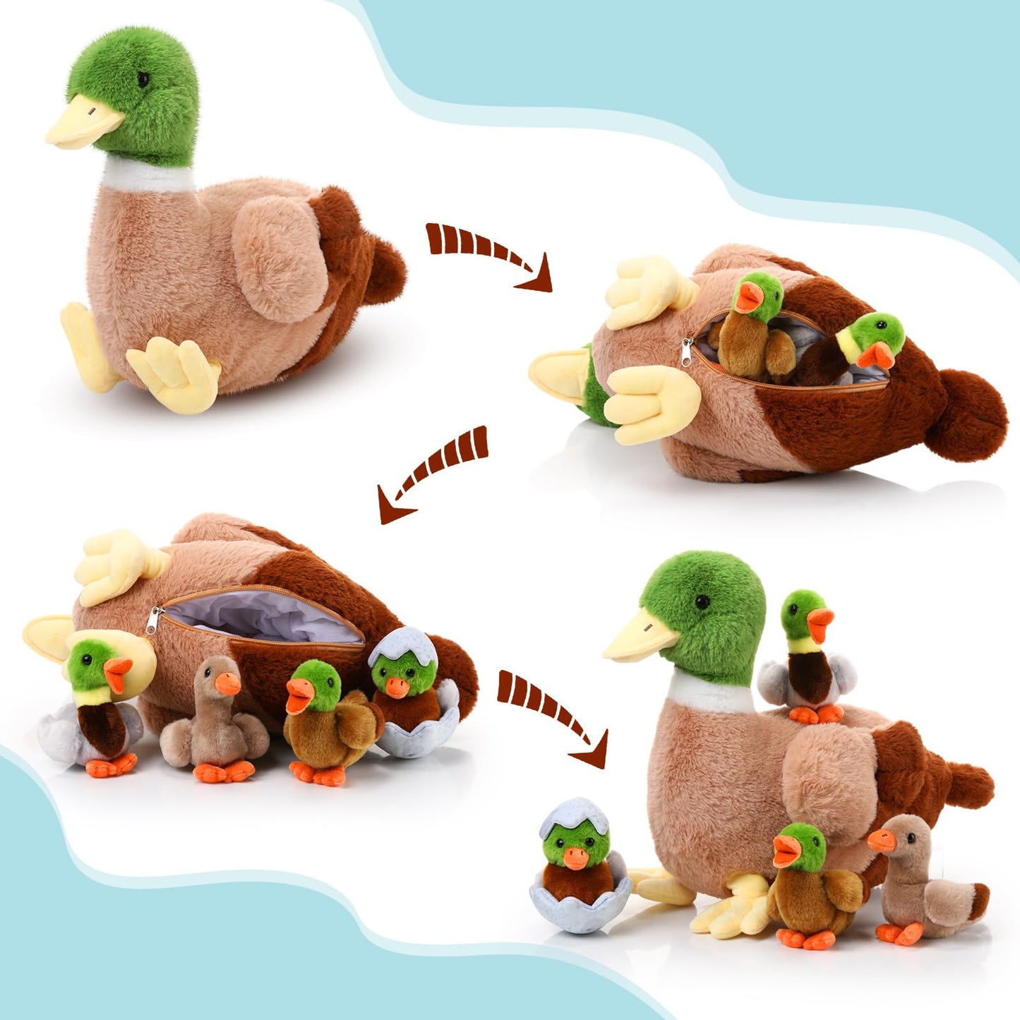 Zomiboo 5 Pieces Duck Stuffed Animals Plush Toys Includes Big Stuff Mommy Duck With 4 Little Baby Duck Soft Duck Family Plush Wi