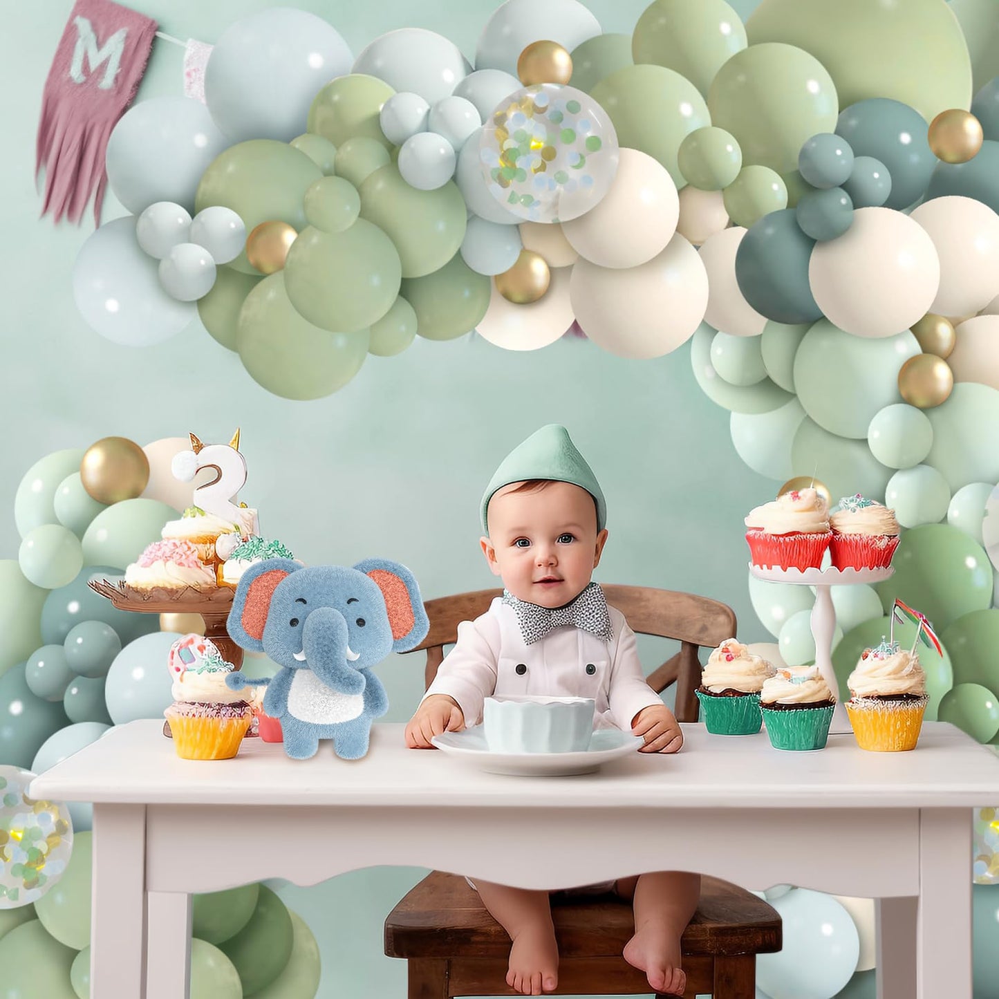Ilafm 150Pcs Dusty Blue Green Balloon Garland Arch Kit, Ash Mist Green Haze Fog Blue Sand White Gold Balloons For Baby Shower Ju