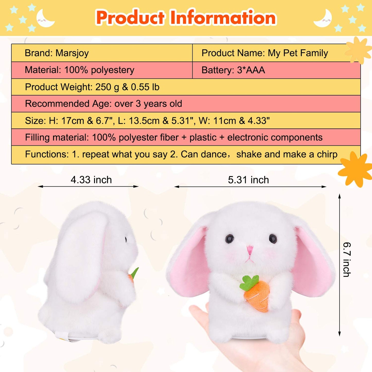 Marsjoy Easter Bunny Talking Robot - 6.3'' Interactive Plush Toy, Repeats Your Words, Dances, And Shakes For Kids, Boys, Girls,