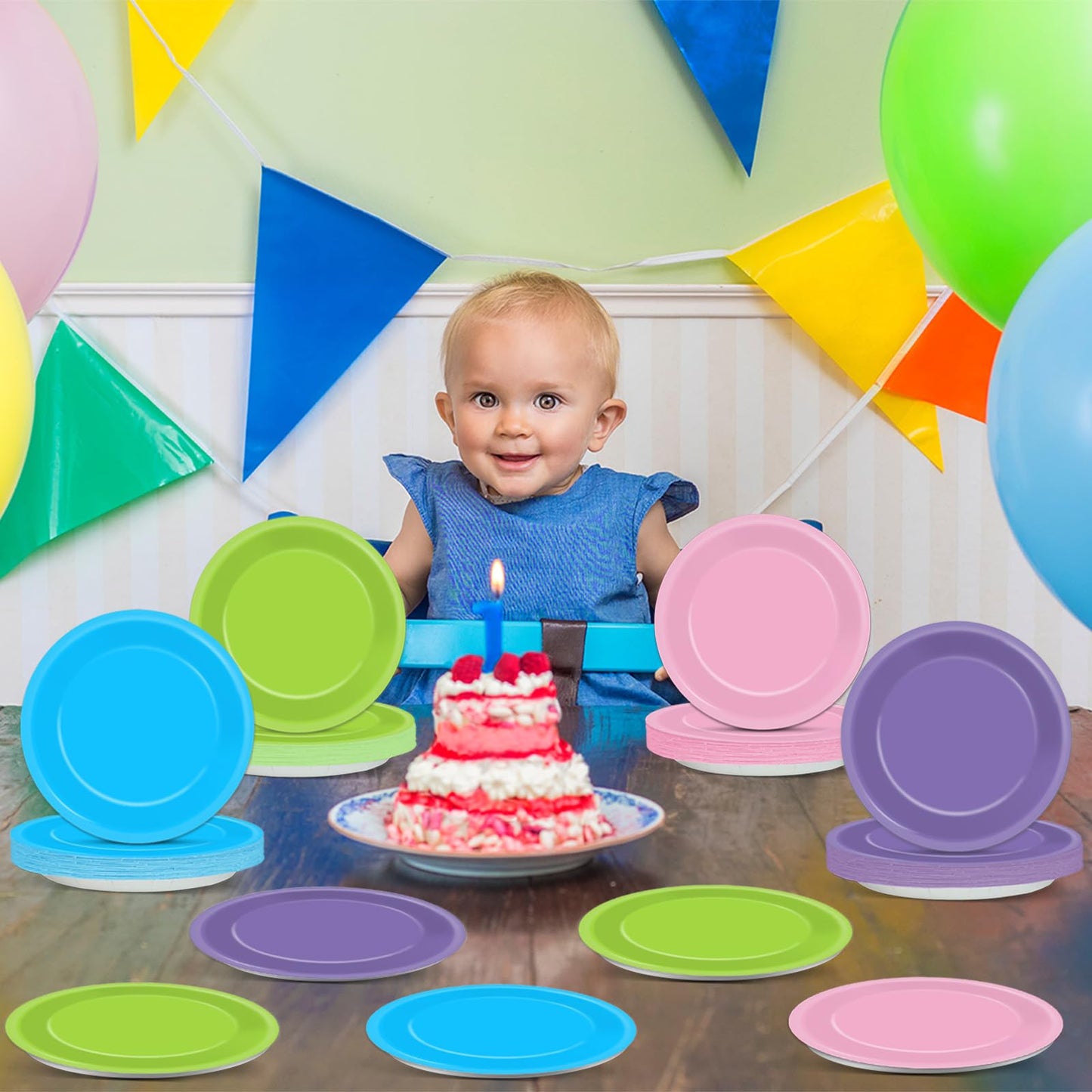 48PCS Monster Birthday Party Paper Plates for Monster Themed Party Supplies 7 Pink Purple Blue Green Cartoon Disposable Desser