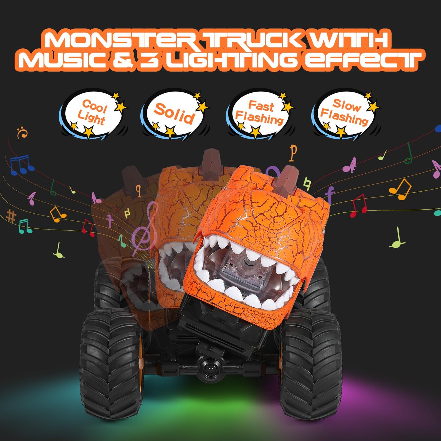 DYODYORC Remote Control Car, 2.4Ghz All Terrain Dinosaur Monster Truck Toys, RC Truck with Spay, Music, 3 Lighting Effects, Stun