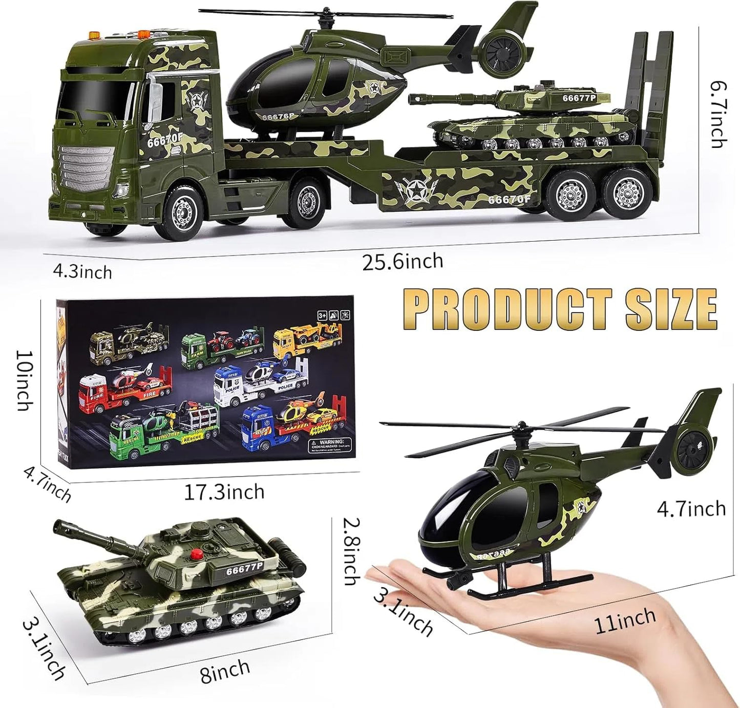 ZHFUYS 25.6'' Green Military Big Truck Toys, Big Truck Toy with Tank and Helicopter,Army Toys with Sounds & Lights, Great Gift f