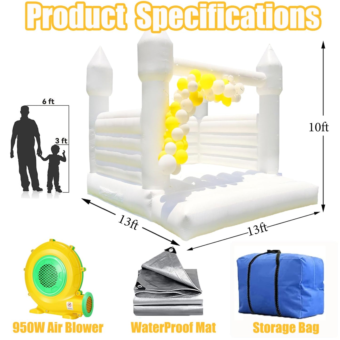 Inflatable White Bounce House Castle, 13x13x10ft Large Jumper PVC Bouncy House with Blower for Toddler Kids and Adults Indoor or