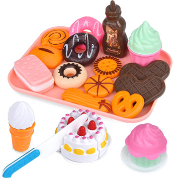 Pretend Dessert Food Toys Sets ,Play Food Set for Kids ,Cutting Toys Ice Cream and Cake,Plastic Cupcake, Baking Cookies,Pretend