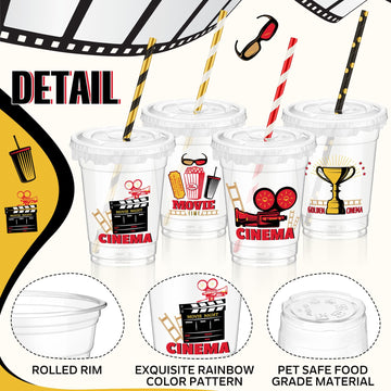 Foldtier 50 Pcs Movie Night Cups 12 Oz Disposable Plastic Cups With Straws And Lids Cinema Clear Cup Birthday Cups Supplies Birt