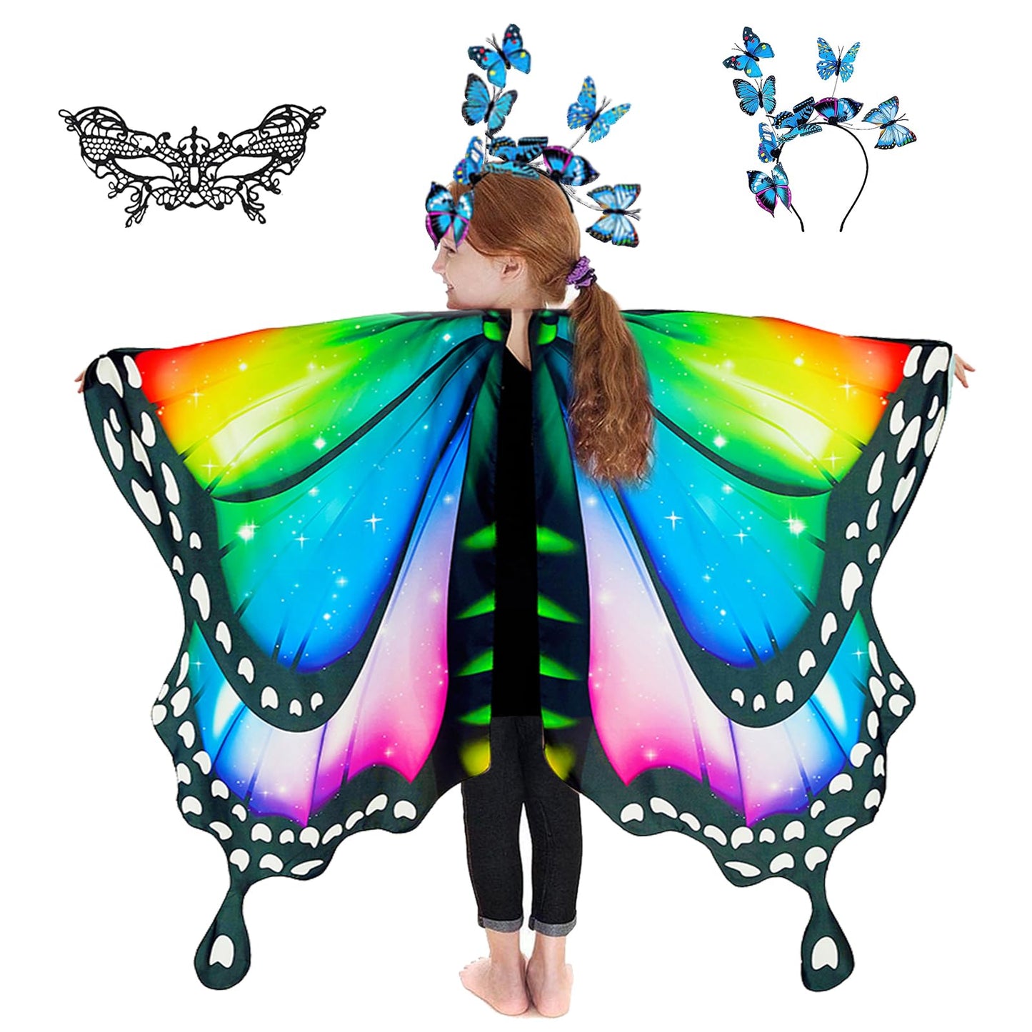 Rektak Butterfly Wings For Girls, Butterfly Costume For Halloween Party Kids Fairy Wing With Mask And Headband(Rainbow-1)