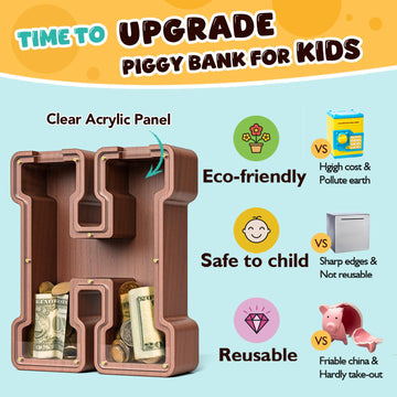 Summidate Wooden Letter Piggy Bank, Extra Thick Large Capacity Piggy Bank For Kids Boys Girls Toddler, Alphabet H Money Bank| Co