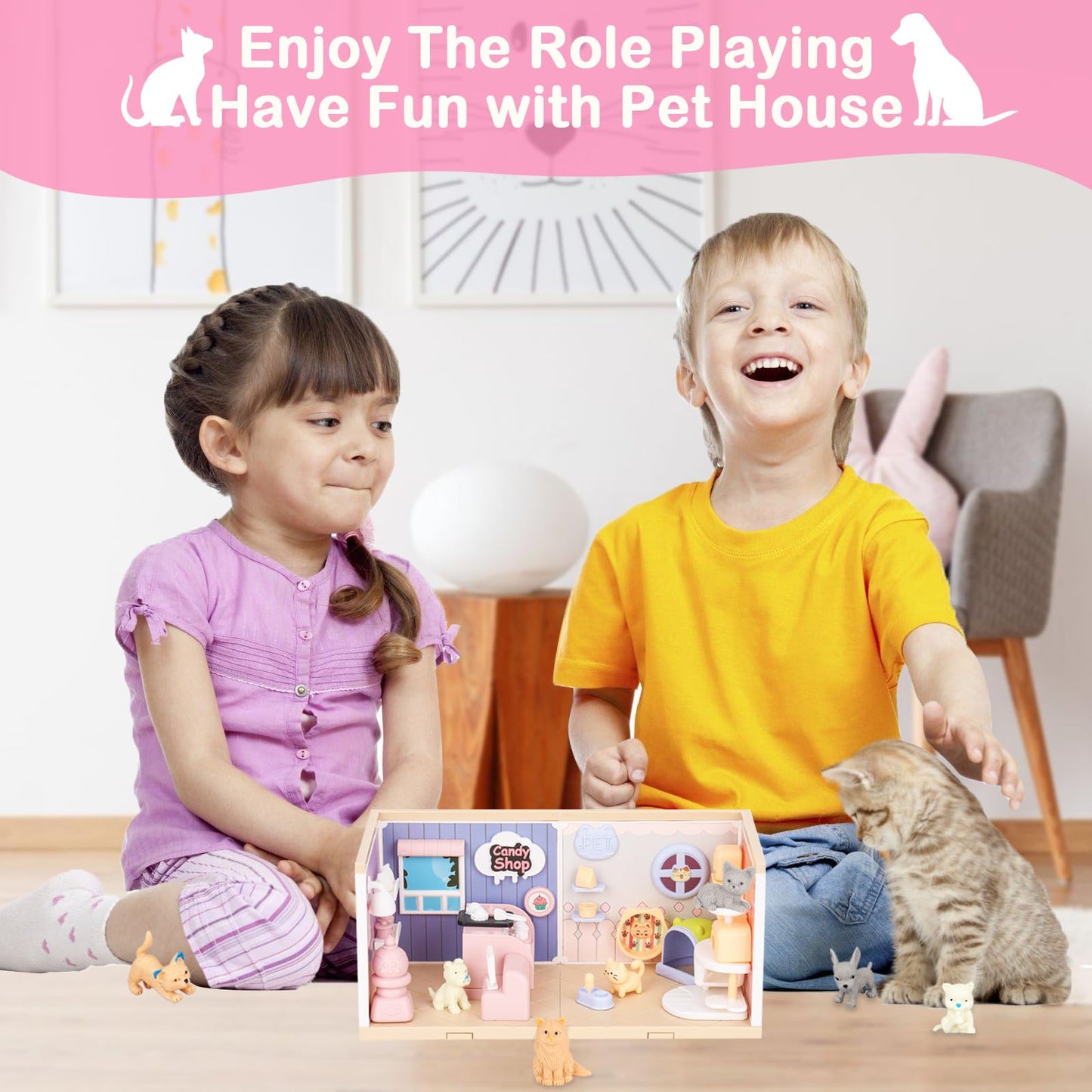 TQQFUN Cat Toys for Kids, 76 Pcs Cat and Dog Pretend Play Figures Playset, Toddlers Gift Interactive Role Play with Cake Treats,