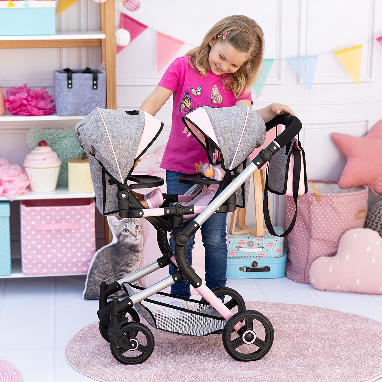 Bayer Twin Doll Pram Neo, Grey, Pink With Butterfly, Jean Look