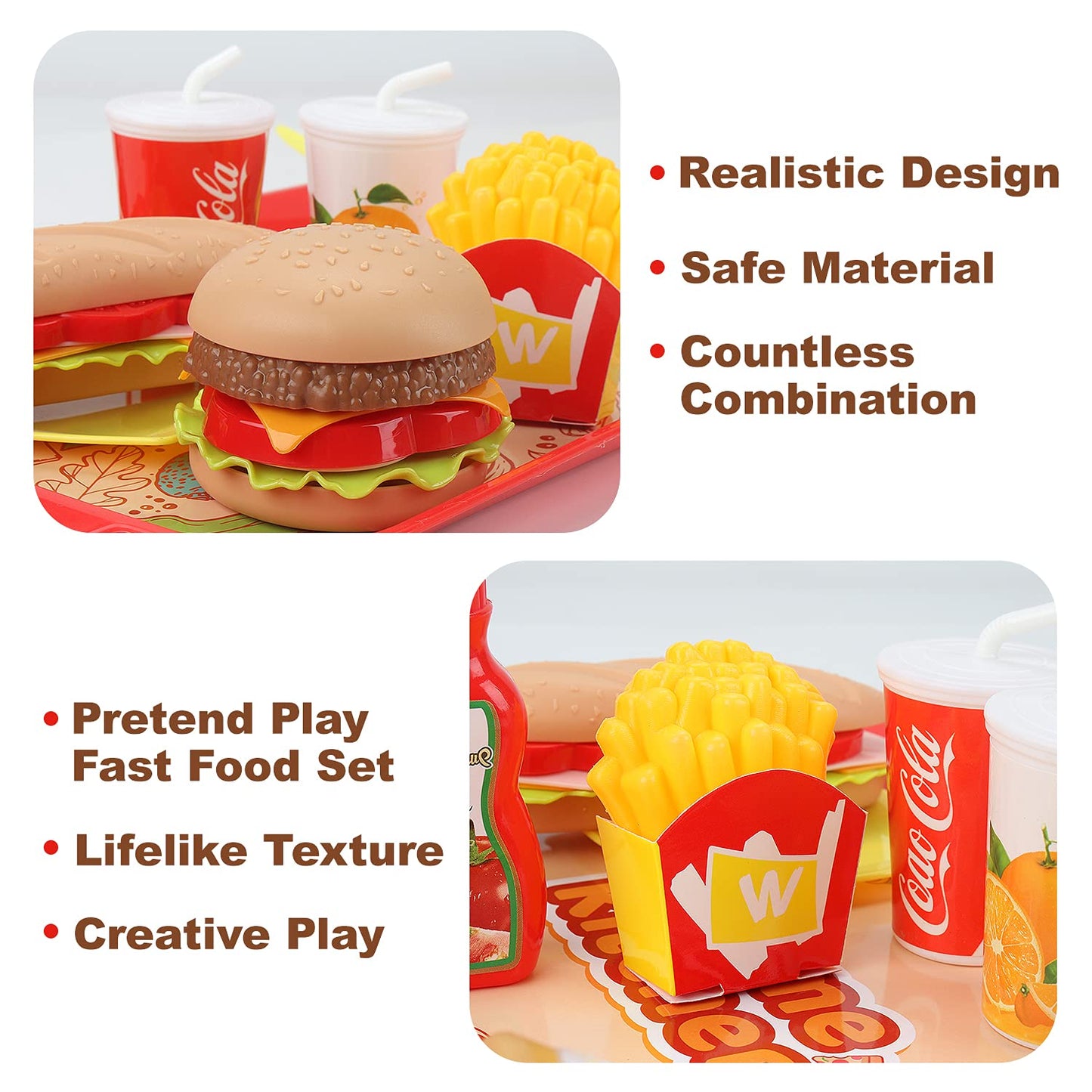 Sotodik Pretend Play Food Set for Children,Removable Fast Food Playset with Tray Hamburger Hotdog Fries Combo,Play Kitchen Acces