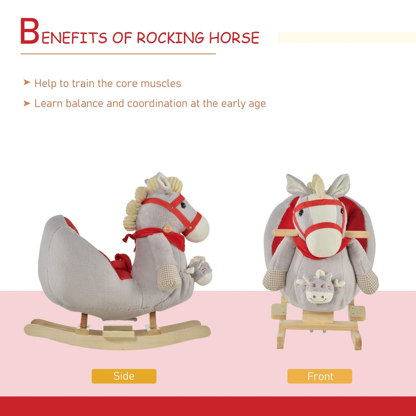 Qaba Kids Ride-On Rocking Horse Toy, Rocker With Lullaby Song, Hand Puppets & Soft Plush Fabric For Children 18-36 Months, Gray