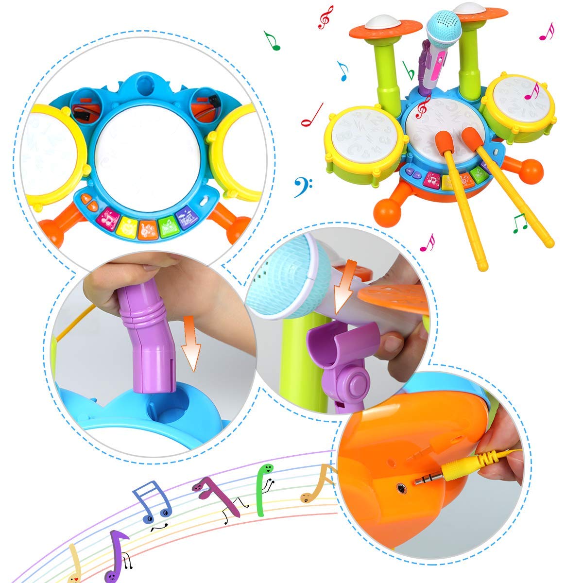 Pokonboy Kids Drum Set For Toddler 1-3, Musical Instruments Learning Toys With 2 Drum Sticks Adjustable Microphone Birthday For Boys Girls 6 12 18 Month (Yellow)
