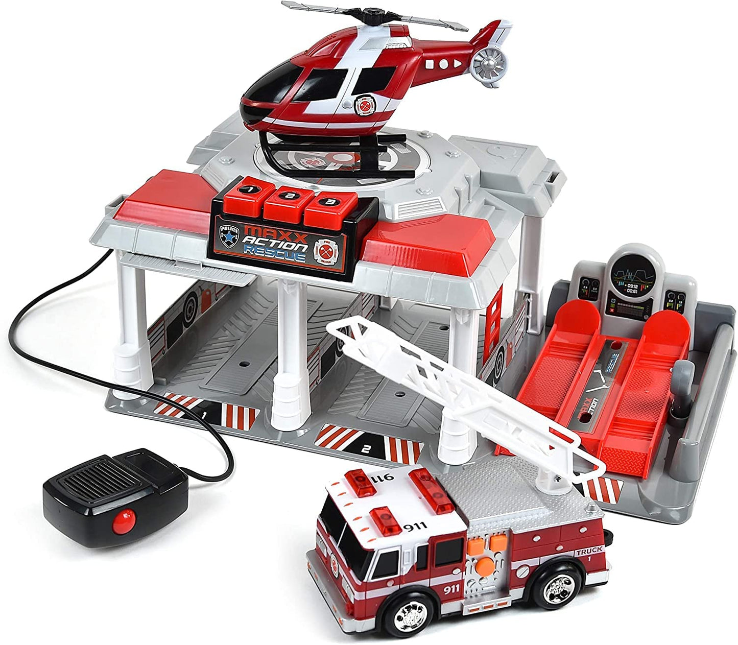 Fire And Rescue Garage Lights And Sounds Toy Set For Kids | Working Intercom With Open And Close Parking Garage And Vehicle Lift | Playset Includes Helicopter And Fire Truck With Friction Motor