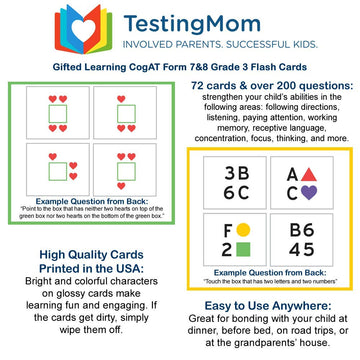Testingmom.Com Cogat Test Prep Flash Cards - Grade 3 (Level 9) - 72 Cards - 200+ Practice Questions - Tips For Higher Scores On The 3Rd Grade Cogat Gifted And Talented Test - Verbal & Non-Verbal