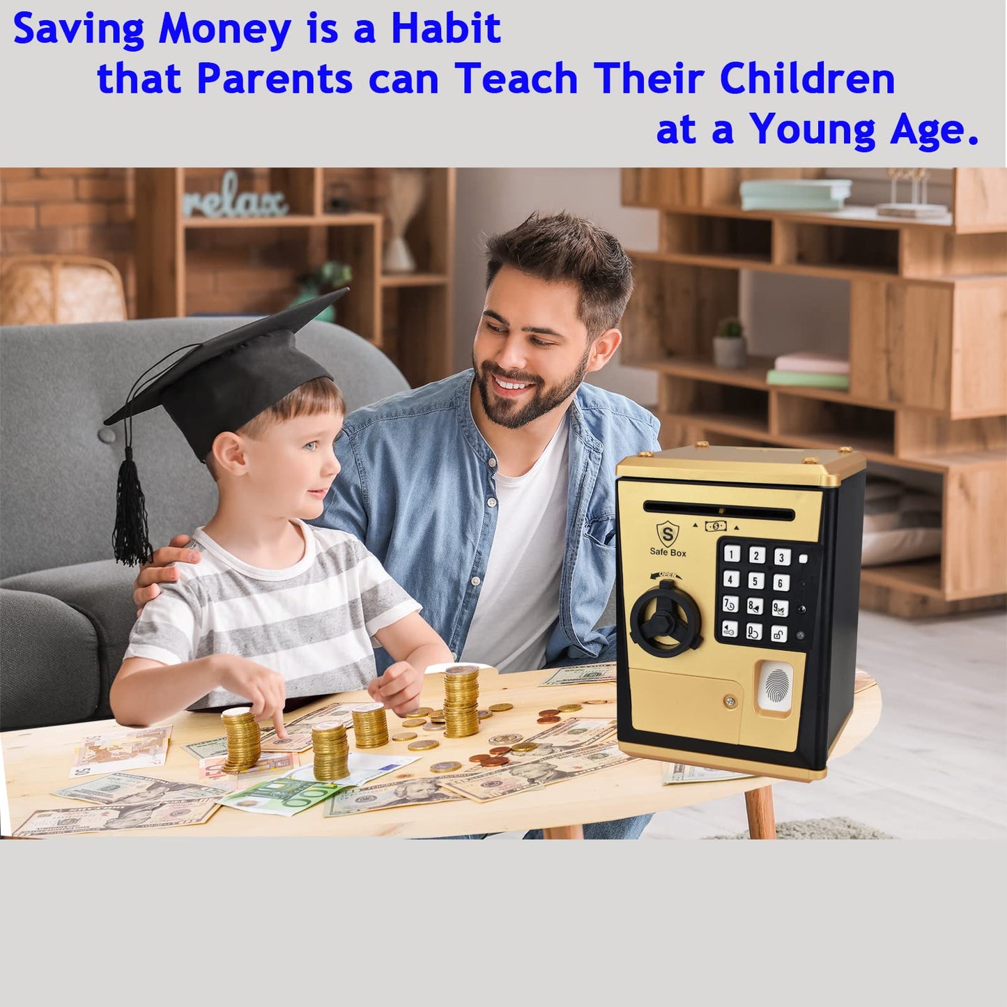 Litpggy Kids Safe ATM Piggy Bank - Fingerprint Password, Talking Feature, Golden, 5.31x5.2x7.52 inches, Model LT-G982