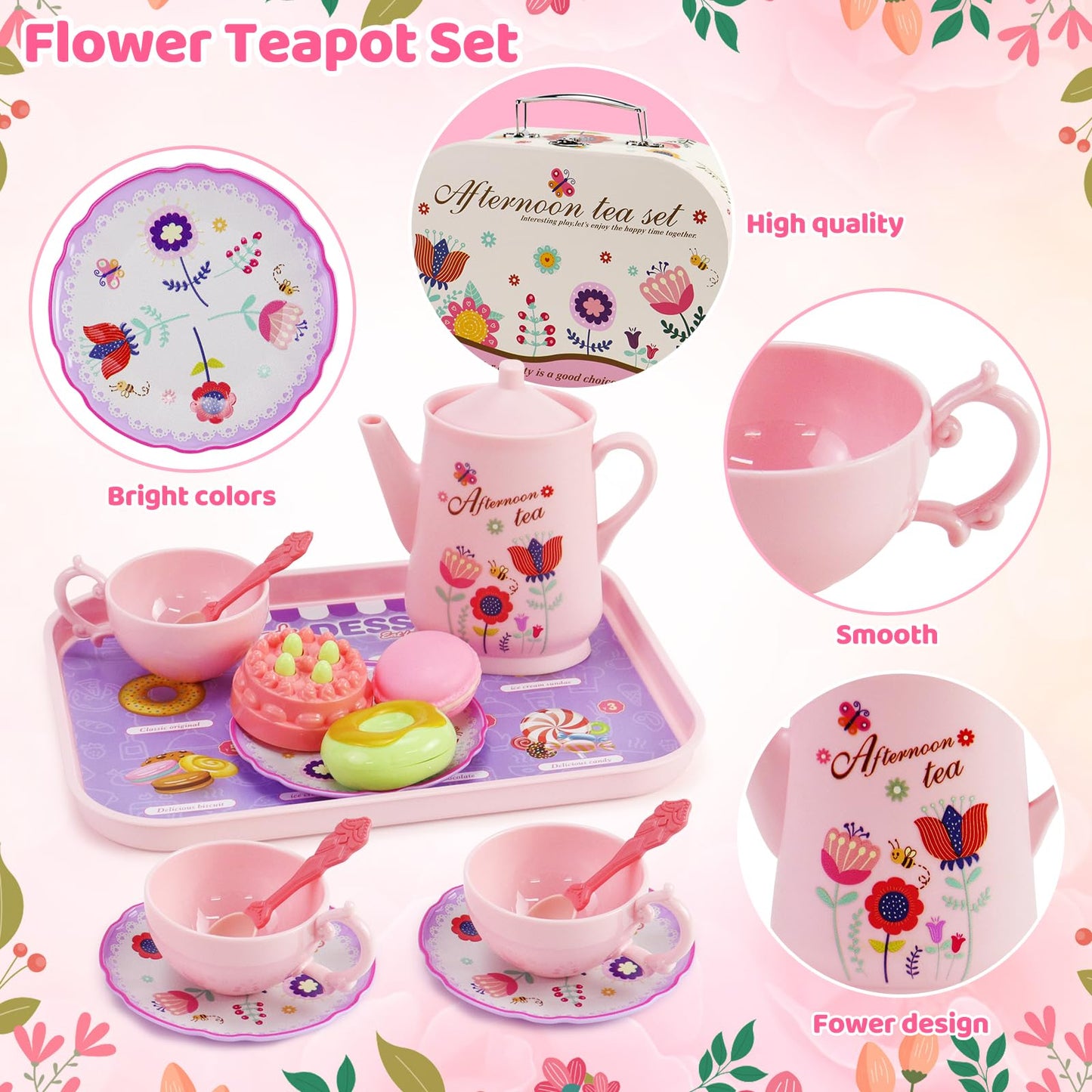 42 Pcs Flower Kids Tea Party Set with Carrying Case & Sweet Treats Playset - Pretend Toy Tin Tea Set for Little Girls - Princess