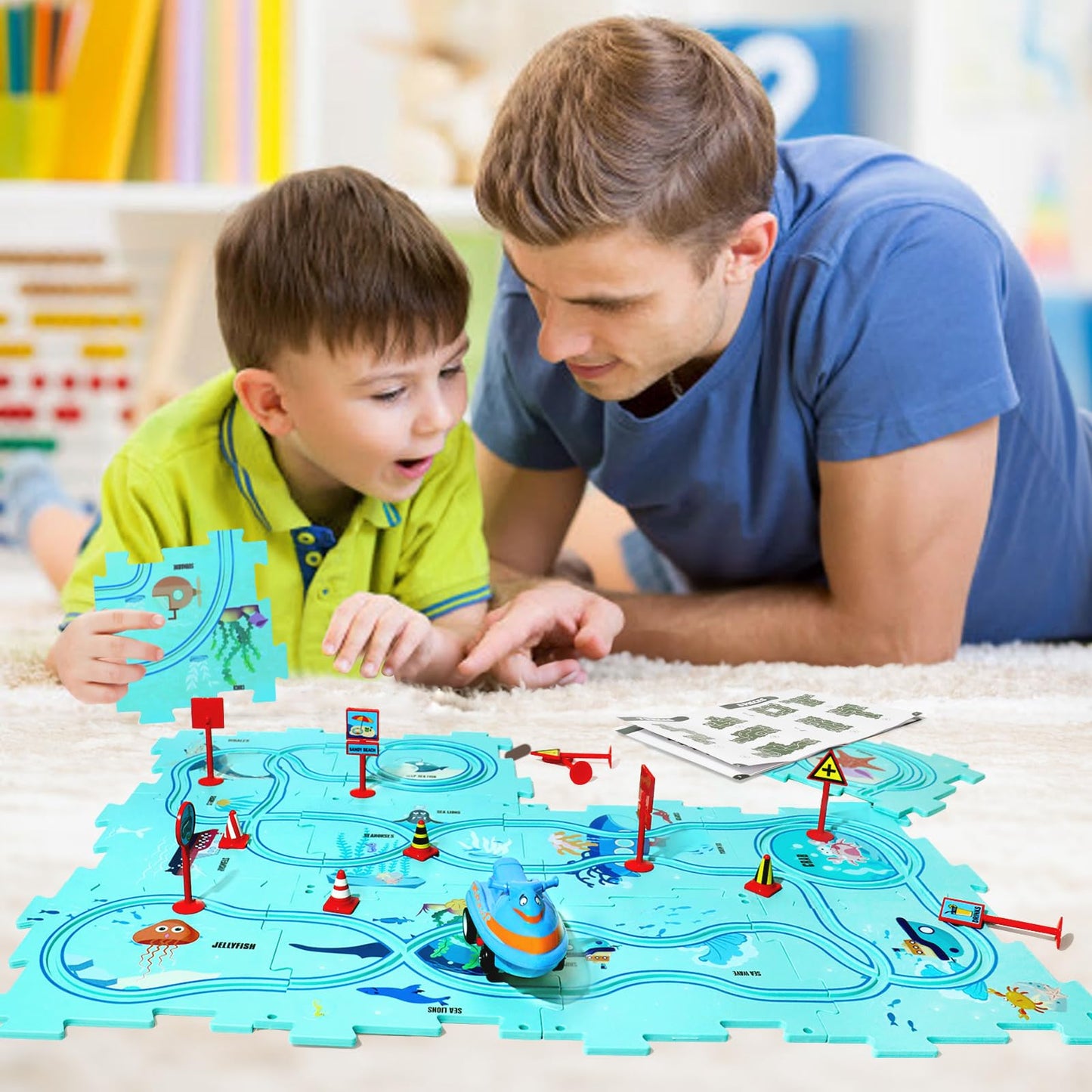 Xazastov Puzzle Track Car Play Set, Plastic Puzzles For Kids Ages 3-5 With Vehicles, Electric Trolley Puzzle, Car Tracks For Tod