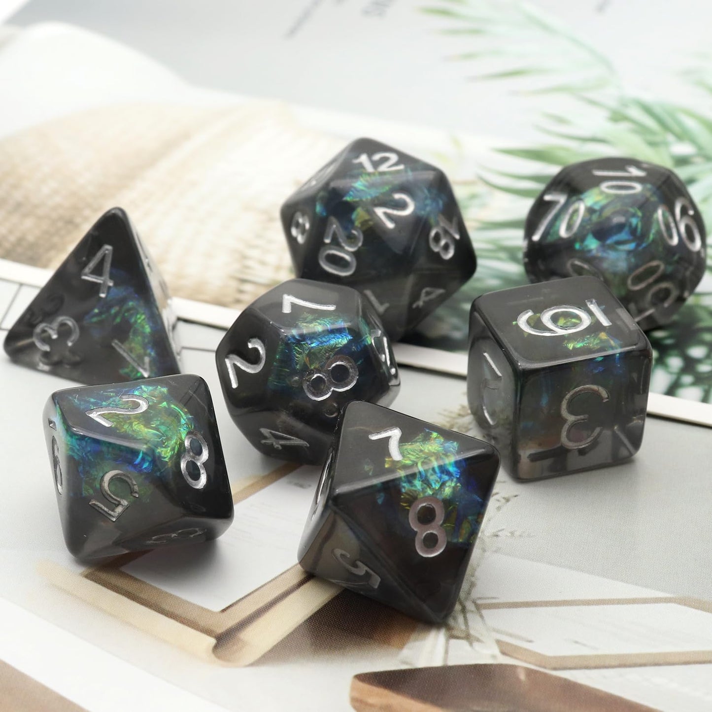 Haxtec DND Dice Set 7PCS Resin Dice Set Black with Iridescent Mylar Inclusion Polyhedral D&D Dice for Roleplaying Dice Games as