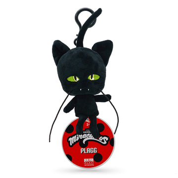 Miraculous Ladybug Plagg Plush Toy - 5" Cat Clip-on, Soft Polyester, Black, Model M13017, Includes Backpack Keychain