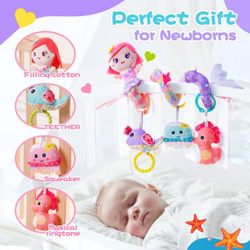 Koty Carseat Toys Hanging, Pink Mermaid Stroller Toys For Babies 0-6 Months, Baby Car Seat Toy With Crinkle, Teether, Music Box,