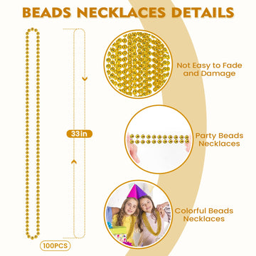 100 PCS Gold Bead Necklace, Gold Mardi Gras Christmas Beads Necklaces 33'' Metallic Beaded Costume Necklaces Party Necklaces for